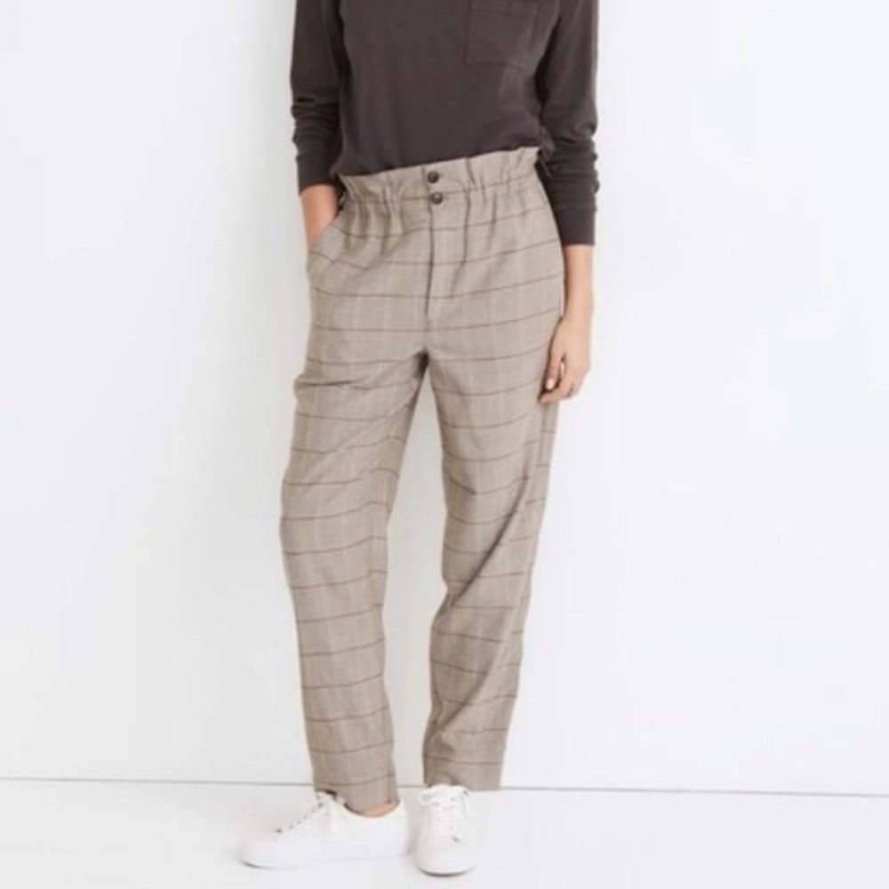 Madewell Beige Plaid Paperbag Waist Pants